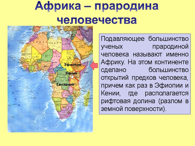 Эфиопия Кения Танзания Африка – прародина человечества Подавляющее большинство ученых прародиной человека называют именно